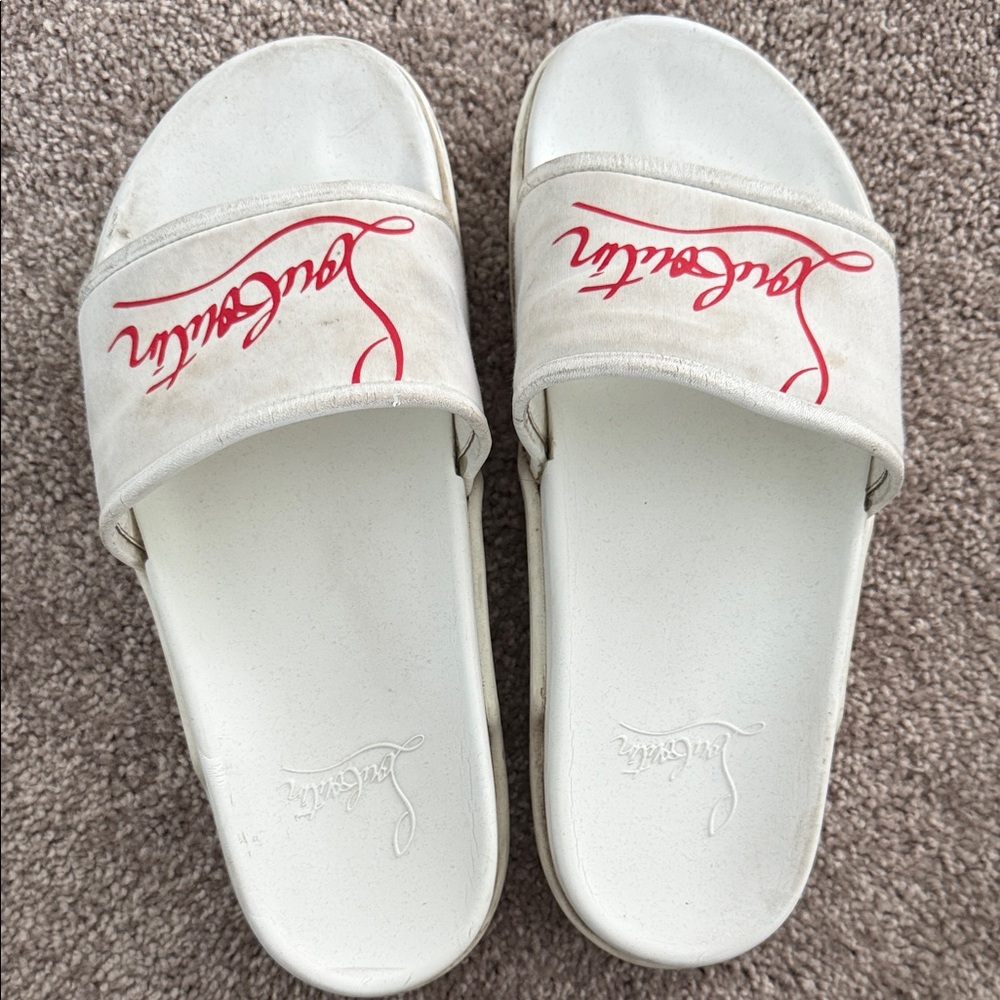 Christian Louboutin White Leather Logo Platform Slides